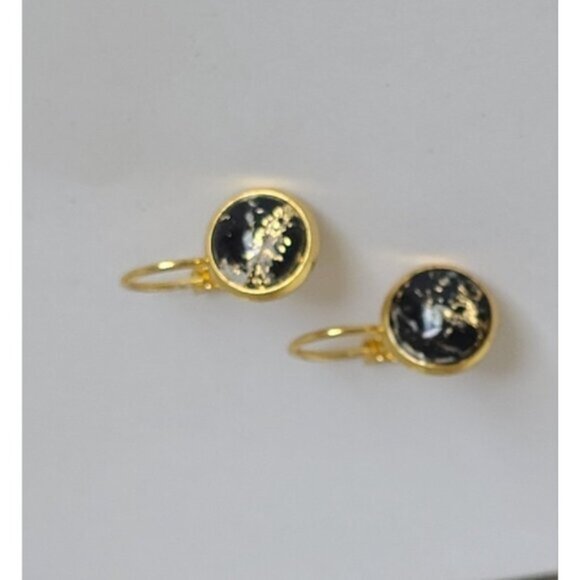 Elegant Hand Crafted Boho Black Gold Gemstone Marble Circle Drop Dangle Earrings - Picture 8 of 15